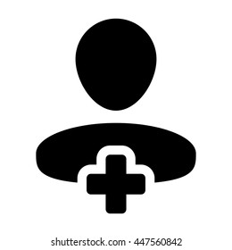 Person Icon Vector Plus Symbol for Add New User Profile Male Avatar in Flat Color Glyph Pictogram illustration