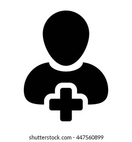 Person Icon Vector Plus Symbol for Add New User Profile Male Avatar in Flat Color Glyph Pictogram illustration