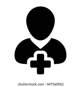 Person Icon Vector Plus Symbol for Add New User Profile Male Avatar in Flat Color Glyph Pictogram illustration