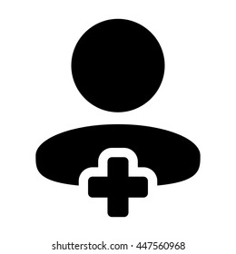 Person Icon Vector Plus Symbol for Add New User Profile Male Avatar in Flat Color Glyph Pictogram illustration