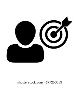 Person Icon Vector With Target Bullseye Goal In Dartboard For Business Development In Glyph Pictogram Illustration