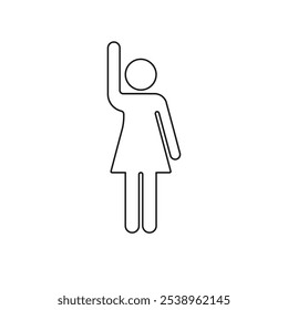 Person Icon Waving Hand Line Icon. Greeting Gesture Symbol. Female Human Figure with Raised Arm in Greeting Gesture. Editable Stroke. Isolated Vector Illustration.