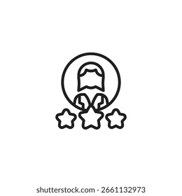 A person icon within a circle is positioned above three star icons, symbolizing user ratings, reviews, or the quality and appreciation of an individual.