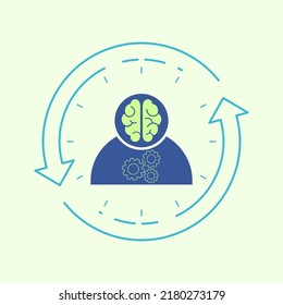 Person icon with working brain and gearwheels surrounded by repeating arrow. Human habit concept. Vector illustration outline flat design style.