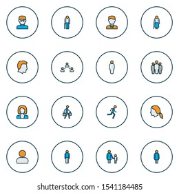 Person icons colored line set with profile, social relations, woman head and other female
elements. Isolated vector illustration person icons.