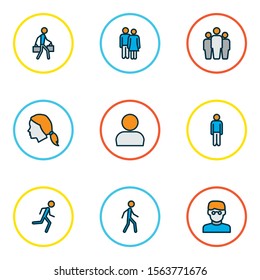 Person icons colored line set with walking man, team, profile and other tourist elements. Isolated vector illustration person icons.