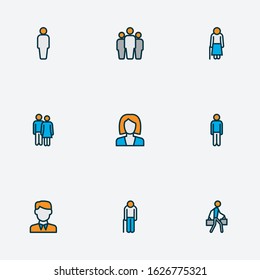 Person icons colored line set with user, businesswoman, male and other group elements. Isolated vector illustration person icons.