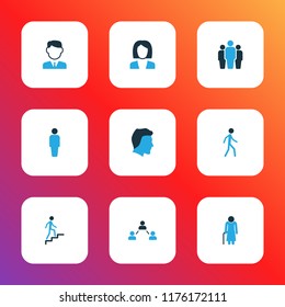 Person icons colored set with climbing, user, businesswoman and other business elements. Isolated vector illustration person icons.