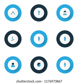 Person icons colored set with female, man, climbing and other clever elements. Isolated vector illustration person icons.