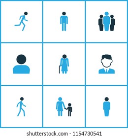 Person icons colored set with running, man, team and other personal data elements. Isolated vector illustration person icons.