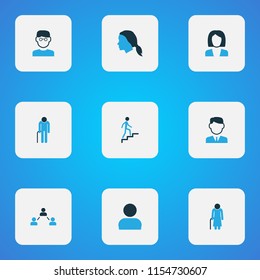 Person icons colored set with social relations, businesswoman, businessman and other personal data elements. Isolated vector illustration person icons.