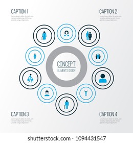 Person icons colored set with team, profile, greybeard and other oldster elements. Isolated vector illustration person icons.