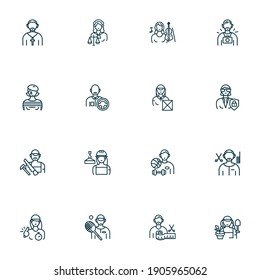 Person icons line style set with carpenter, priest, trainer woman and other craftsman elements. Isolated vector illustration person icons.