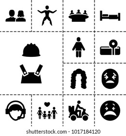 Person icons. set of 13 editable filled person icons such as bed, man and woman, hairstyle, group, crying emot, courier on motorcycle, operator, worker, man doing exercises