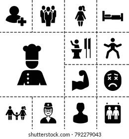 Person icons. set of 13 editable filled person icons such as bed, user, man doing exercises, add friend, doctor, chef, muscular arm, speaker, elevator, upset emot, woman