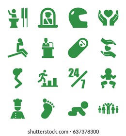 Person icons set. set of 16 person filled icons such as airport officer, foot print, hands holding heart, speaker, chef, man going up