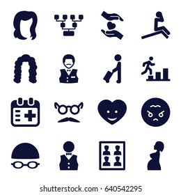 Person icons set. set of 16 person filled icons such as man with luggage, hairstyle, casino boy, mustache and glasses, angry emoji, hands holding heart, heart face
