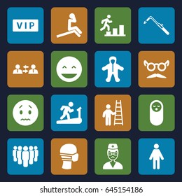 Person icons set. set of 16 person filled icons such as vip, baby food, baby, mustache and glasses, blowtorch, laughing emot, sad emot, medical mask, doctor, communication