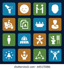 Person icons set. set of 16 person filled icons such as luggage belt, baby, face, man, resume, group, crying emot, courier on motorcycle, broken leg or arm, power lifter