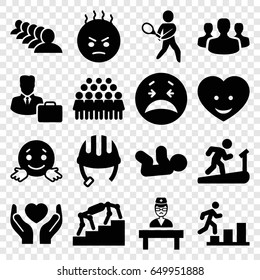 Person icons set. set of 16 person filled icons such as helmet, baby, group, crying emot, angry emot, confused emot, hands holding heart, heart face, doctor