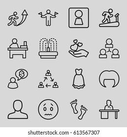 Person icons set. set of 16 person outline icons such as man with flags, woman WC, man, woman hairstyle, table, fountain, hand holding heart, dress, foot, sad emot, structure
