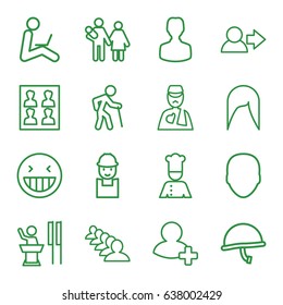 Person icons set. set of 16 person outline icons such as face, woman hairstyle, group, worker, add friend, man with broken arm, photo for passport, chef