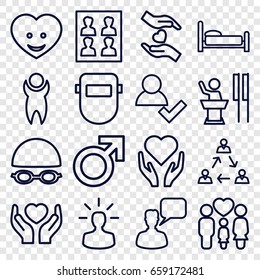 Person icons set. set of 16 person outline icons such as male, chatting man, welder mask, hands holding heart, family, heart face, photo for passport, user bulb