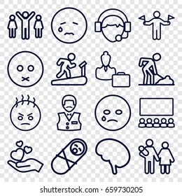 Person icons set. set of 16 person outline icons such as man with flags, casino boy, digging man, hand holding heart, operator, doctor, woman consultant with case, sad emot