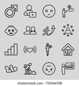 Person icons set. set of 16 person outline icons such as baby, male, man and woman, heart, casino girl, man with laptop, stair, family home, sad emot, angry emoji