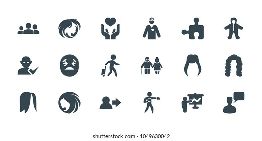 Person icons. set of 18 editable filled person icons: baby, woman hairstyle, hairstyle, chatting man, user, teacher, karate, man with luggage, user and tick, puzzle
