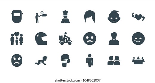 Person icons. set of 18 editable filled person icons: group, welder mask, sad smiley, man with case, crying emot, helmet, medical mask, courier on motorcycle, family, man
