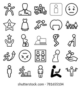 Person icons. set of 25 editable outline person icons such as man sitting with laptop, man with flags, man, woman hairstyle, delivery bike, upset emot, angry emoji, family