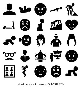 Person icons. set of 25 editable filled person icons such as baby crawl, baby, woman hairstyle, man, mustache and glasses, sad emot, upset emot, crawling baby, teacher