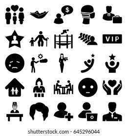 Person icons set. set of 25 person filled icons such as vip, woman hairstyle, woman in hammock, casino girl, group, man with laptop, sad emot, crying emot, medical mask