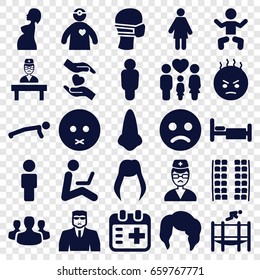 Person Icons Set. Set Of 25 Person Filled Icons Such As Baby, Plane Seats, Woman Hairstyle, Nose, Security Guy, Sad Emot, Angry Emot, Bed, Medical Mask, Hands Holding Heart