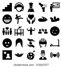 Person icons set. set of 25 person filled icons such as man with flags, helmet, kick scooter, baby, woman hairstyle, woman in hammock, heart, laughing, sad