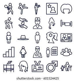 person icons set. Set of 25 person outline icons such as male, woman hairstyle, woman face with flower in hair, Casino girl, hat, bed, hands holding heart, TV speaker