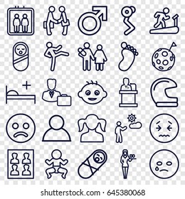 Person icons set. set of 25 person outline icons such as elevator, baby, baby food, foot print, male, girl, casino girl, man, medical bed, speaker, businessman shaking hands