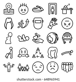 Person icons set. set of 25 person outline icons such as man with flags, man with luggage, metal gate detector, helmet, baby, woman hairstyle, hairstyle, welder mask