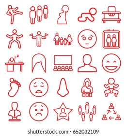 Person icons set. set of 25 person outline icons such as man with flags, elevator, foot print, baby walker, nose, man, woman hairstyle, casino girl, bust, pregnant woman