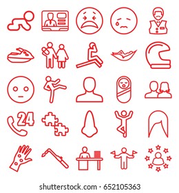 Person icons set. set of 25 person outline icons such as man with flags, baby food, nose, man, man and woman, woman hairstyle, casino boy, blowtorch, tv speaker, arm rash