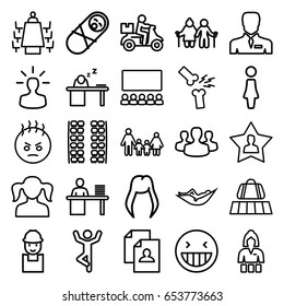 Person icons set. set of 25 person outline icons such as luggage belt, plane seats, woman hairstyle, woman, girl, woman in hammock, casino girl, resume, worker, businessman