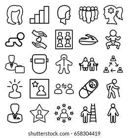 Person icons set. set of 25 person outline icons such as baby, hairstyle, woman face with flower in hair, welder mask, hands holding heart, favourite user, photo for passport