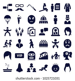 Person icons. set of 36 editable filled person icons such as luggage belt, baby, airport officer, woman hairstyle, woman face with flower in hair, resume, group, blowtorch