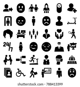 Person icons. set of 36 editable filled person icons such as luggage belt, baby food, man, woman hairstyle, casino girl, man with case, crying emot, upset emot, user, teacher