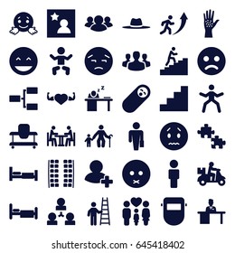 Person icons set. set of 36 person filled icons such as baby, bed, plane seats, baby walker, welder mask, laughing emot, sad emot, hat, heart with muscles, family, group