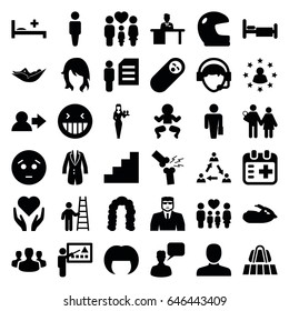 Person icons set. set of 36 person filled icons such as luggage belt, man, woman hairstyle, hairstyle, woman in hammock, security guy, casino girl, chatting man, laughing emot