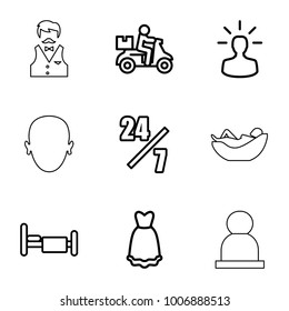 Person icons. set of 9 editable outline person icons such as delivery bike, 24 hours support, bed, dress, user bulb, face, woman in hammock, casino boy