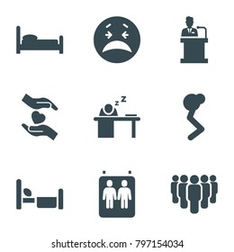 Person icons. set of 9 editable filled person icons such as crying emot, bed, man doing exercises, hands holding heart, group, man sleeping on table, speaker