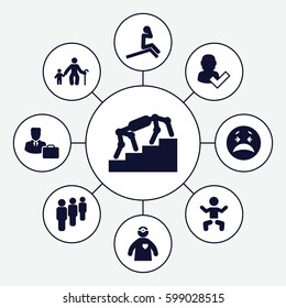 person icons set. Set of 9 person filled icons such as baby, crying emot, doctor with medical reflector, male consultant   with case, group, stairs, user and tick